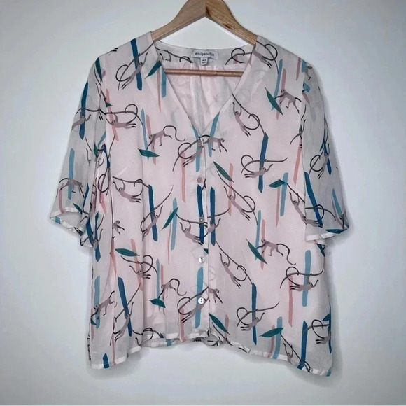 Emily and Fin ModCloth Monkey Around Town Blouse Size Large - Picture 3 of 11
